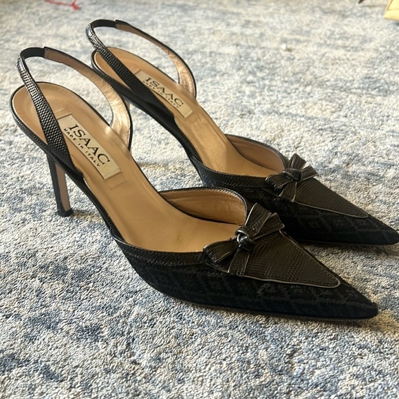 Isaac Made in Italy 8.5 Black Leather & Textile Sling Back Pointed Pumps - Picture 1 of 9